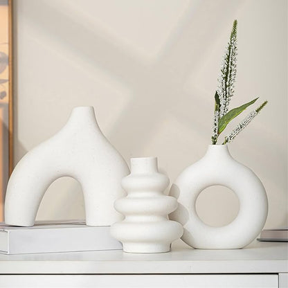 White Ceramic Vases Set of 3, Minimalist Nordic Modern Style, Round Donut Vase for Dried Flowers, Pampas Grass & Fresh Blooms,Boho Home Decor for Table Shelf Living Room Office (White)