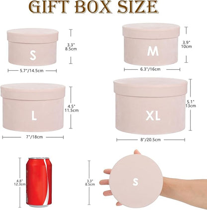 Round Gift Boxes with Lids for Presents Set of 4 Light Pink Velvet Nesting Gifts Box for Arrangements Flowers Wedding Birthday Valentines Bridesmaid Christmas Party Anniversary