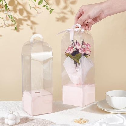 BENECREAT 12Pcs Single Rose Flower Box Empty Bag, Clear Flower Packing Boxes Flower Gift Boxes for Graduation Wedding Birthday Floral Gift Floral Arrangement Supply, Pink