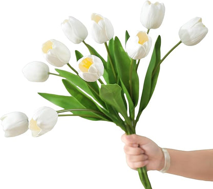 10PCS Artificial 18.5" Long Stem White Tulips Bouquet PU Flowers, Fake 6 Color Tulip Faux Flowers with Bendable Stems for Floral Table Wedding Home Decor