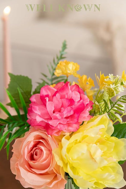 WELL KNOWN Artificial Flowers in Glass Vase, Silk Rose Peony Flower Bouquet for Home Dinning Tea Table, Office Desktop, Hotel, Wedding, Party, Lavatory Decor & Gift (Hot Pink, Coral & Yellow)