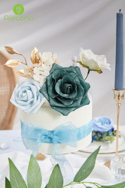 Alecono Artificial Flowers, Silk Flowers with Stems Wedding Flowers Combo Box Set for DIY, Bluish Green Wedding Cake Flowers for St. Patrick's Day Decorations