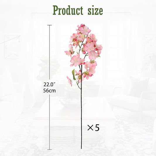DILATATA Artificial Cherry Blossom Flowers 5 Pcs Silk Cherry Blossom Stems 22 Inch Long Stems Faux Silk Peach Flowers for Tall Vase Spring Decor Wedding Party Home Table Arrangement - Pink