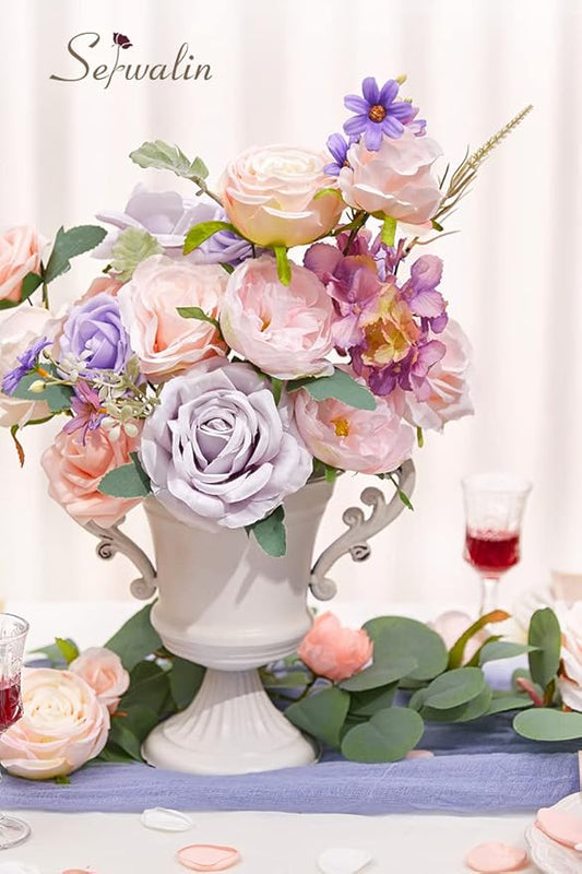 Serwalin Artificial Flowers Fake Silk Flowers Combo Realistic Mixed Roses Box for DIY Wedding Bridal Bouquets Centerpieces Arrangements Faux Flowers with Stems Home Party Decoration, Pink&Lilac