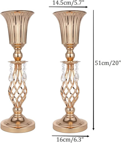 2 Pcs Beaded Crystal Gold Trumpet Vase, Elegant Metal Floral Centerpiece, Perfect for Wedding Banquets, Birthdays, Anniversaries, Holiday Parties and Other Important Event Centerpieces(20.2")