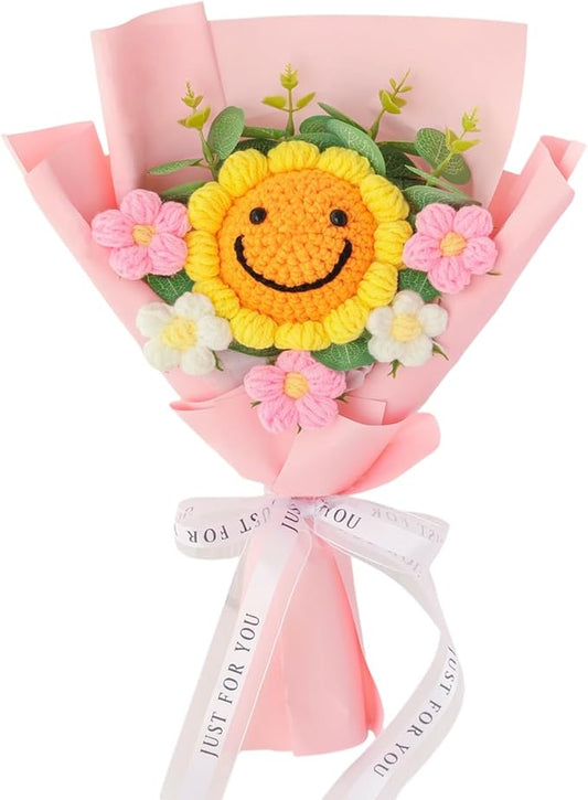 Hand-Woven Flower Bouquet Finished（1pcs） for Mother Girlfriend Birthday Gift Wedding Decoration Crochet Artificial Flower, Bouquet Gift (Smile Sunflower)