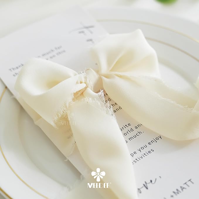 MEEDEE Ivory Chiffon Ribbon 3 Inch Frayed Ribbon Cream Chiffon Silk Ribbons Frayed Edge Wide Chiffon Ribbons for Crafts, Flower Bouquet, Wedding Favors Wrapping (2 Rolls 10 Yards)