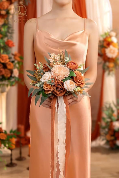 TINGE TIME 7 Inch Wedding Bouquets for Bridesmaid, Set of 4, Artificial Flowers Cascading Bridal Bouquet for Fall Wedding Ceremony Anniversary Bridal Shower and Rustic Vintage Wedding (Terracotta)
