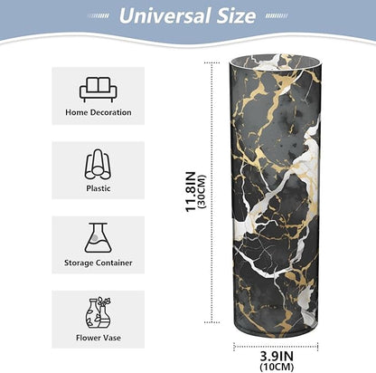 Flower Vase for Centerpieces, Black White Gold Marble Print Plastic Cylinder Vase, Clear Bud Vases for Home Wedding Office Table Decor