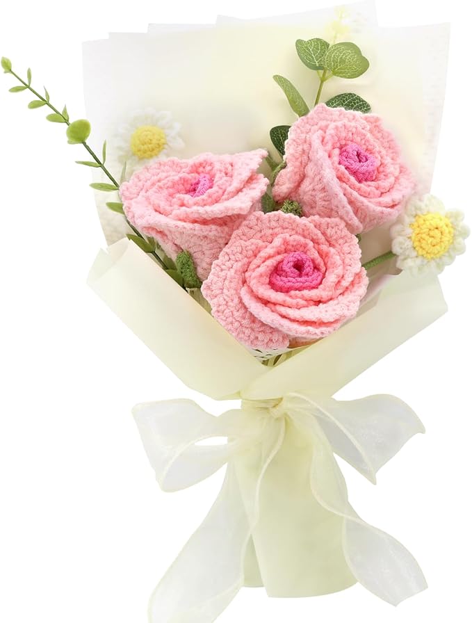 Crochet Flowers,Finished Bouquet Crocheted Cotton Thread Flowers, Handmade Crochet Rose Tulip Fern Leaf as a Gift for Lover, Friends. Artificial Flower (Gradient Pink)