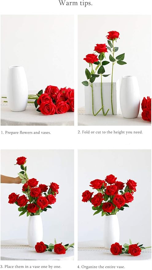 Laelfe 12 pcs Artificial Red Roses Flowers Long Stem Fake Silk Rose for Home Wendding Decorations(Red)