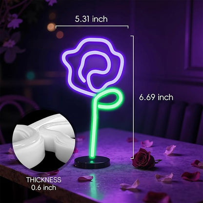 Neon Purple Rose Sign - purple rose Flower with Green Stem Neon Light USB or 3-AA Battery Powered for Girls Room Birthday Party Wedding Lighted Flower Wall Decor (Purple)