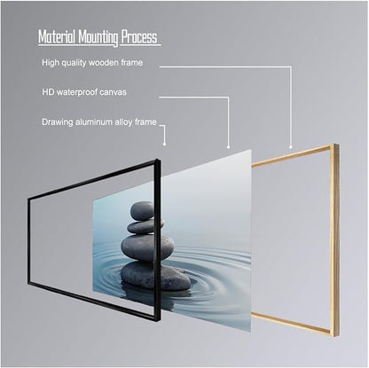 Zen wall art Harmonious grey stones stacked on a calm surface of water Serene Zen decor suitable for tranquil homes and spaces of meditation 16x24in Metal blackFramed