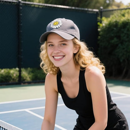 Waldeal Pickleball Hat for Women, Ajustable Embroidered Daisy Washed Denim Baseball Cap