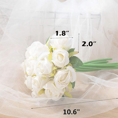 12pcs Artificial Roses Single Stem Fake Silk Flower Arrangement Bridal Bouquet Real Touch for Home Party Wedding Decoration Without Vase (White)