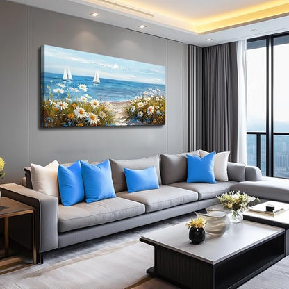 PHAOHUAXM Wall Art For Dining Room Kitchen Blue Ocean Landscape Painting Art Pictures Living Room Decor Vintage Landscape Canvas Print Suitable For Bedroom Office Farmhouse Wall Decoration 24x48 In