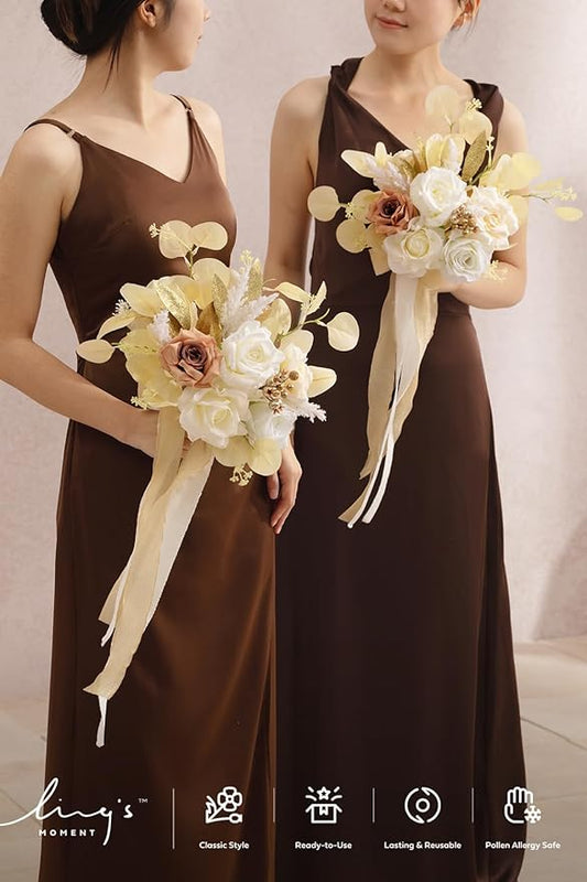 Ling's moment Artificial Flowers Boho Bridesmaid Bouquet Set of 4, White Beige Wedding Flowers Bouquets for Bridesmaids, 7 Inch Bridal Bouquets for Bridesmaids, Wedding, Ceremony, Anniversary, etc