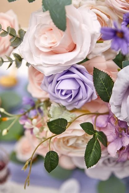 Serwalin Artificial Flowers Fake Silk Flowers Combo Realistic Mixed Roses Box for DIY Wedding Bridal Bouquets Centerpieces Arrangements Faux Flowers with Stems Home Party Decoration, Pink&Lilac