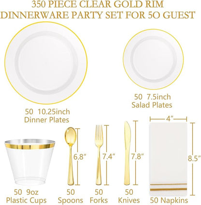 SUT 350Pcs Plastic Dinnerware Set for 50 Guests, Clear and Gold Plastic Plates, Disposable Plates and Napkins Party Supplies, Gold Silverware, Plates, Cups and Napkins Sets for Party Weddings