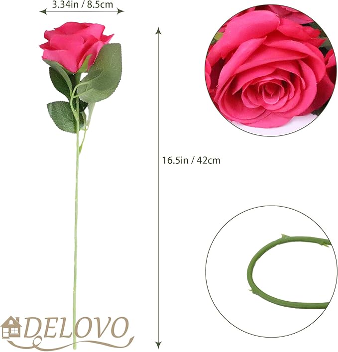 52pcs Hot Pink Roses Artificial Flowers Fake Flowers Silk Roses with Stems for DIY Wedding Bouquets Bridal Shower Centerpieces Arrangements Party Decorations