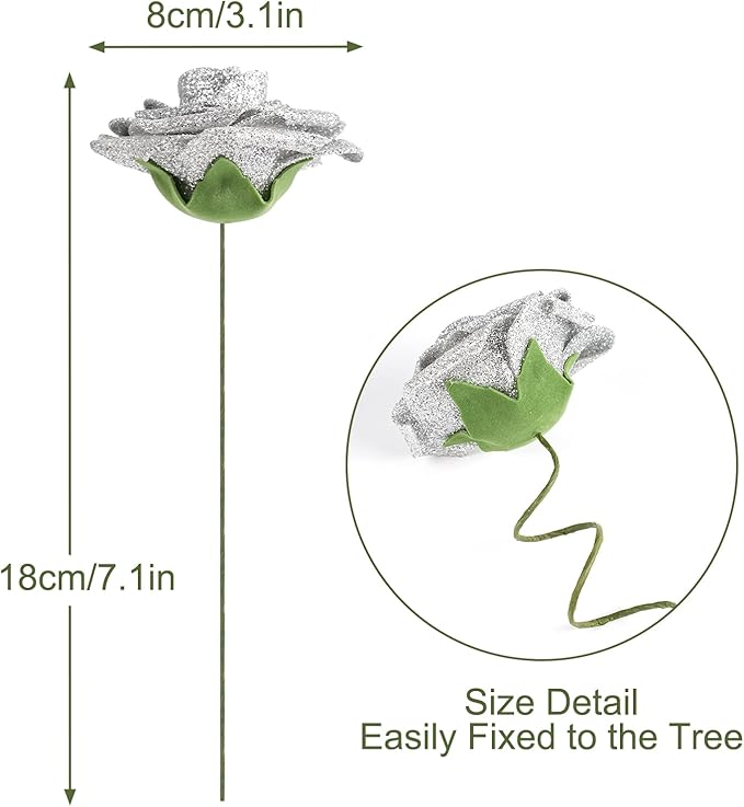 MACTING 30PCS Artificial Glitter Roses Real Touch Fake Flowers with Stem Soft Foam Roses for DIY Wedding Bouquet Table Centerpieces Party Holiday Wreath Home Xmas Christmas Decorations(Silver)
