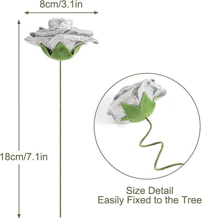 MACTING 30PCS Artificial Glitter Roses Real Touch Fake Flowers with Stem Soft Foam Roses for DIY Wedding Bouquet Table Centerpieces Party Holiday Wreath Home Xmas Christmas Decorations(Silver)