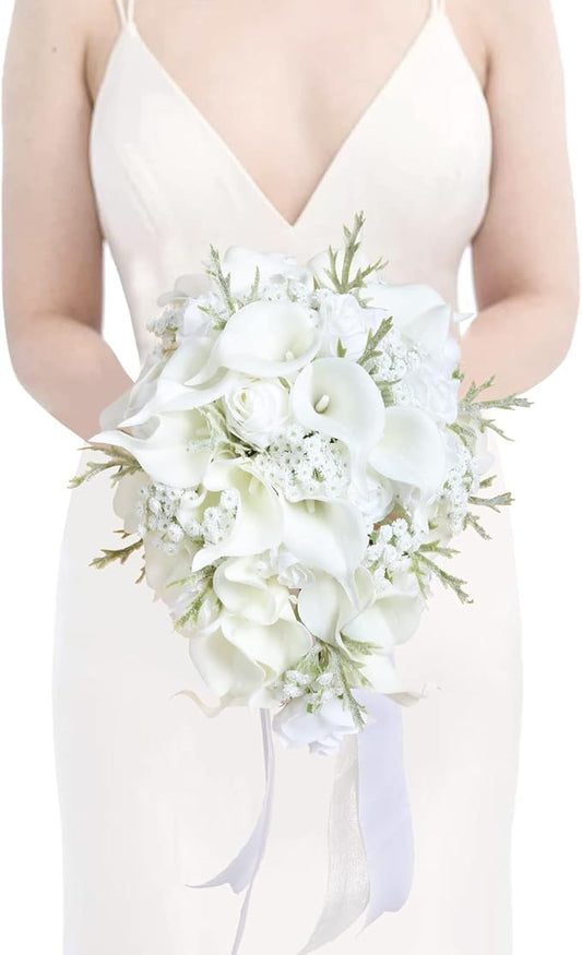 Bride Bouquets for Wedding,11 Inch White Calla Lily Cascading Bridal Bouquet Silk Flowers for Ceremony Anniversary Wedding Bridal Shower(Natural Whites)