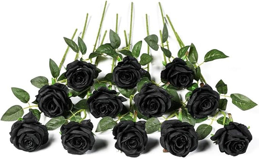 Kisflower 12PCS Black Roses Artificial Flowers Fake Roses Glitter, Silk Roses with Stems Realistic for Halloween Decorations Wedding Party Office Home Decor (Black)