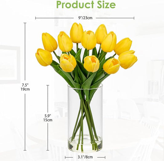 DILATATA 12 Pcs Artificial Real Touch Tulips Flowers in Glass Vase with Faux Water, Tulips Fake Arrangements Yellow Tulips with Vase for Dining Table Home Decor Wedding Centerpieces