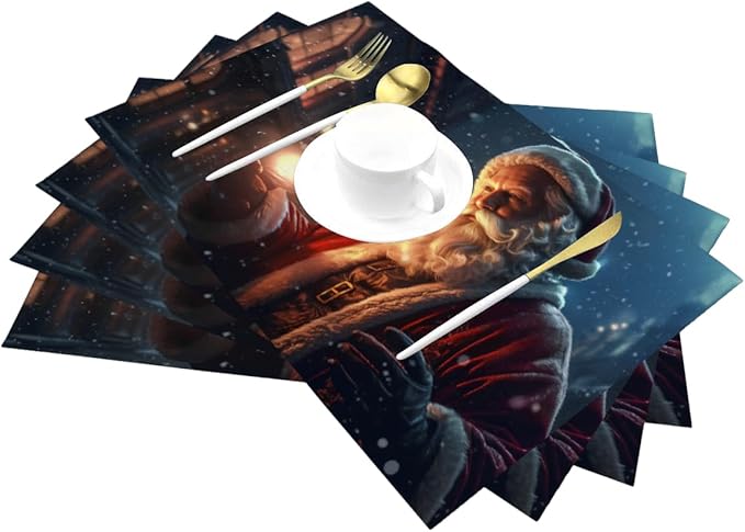 PVC Placemats Set of 4 Wipeable Table Mats Washable Heat Resistant Non Slip Vinyl Dining Table Mat for Kitchen Indoor Outdoor Patio Farmhouse Place Mats Vintage Christmas Santa Claus Decorative