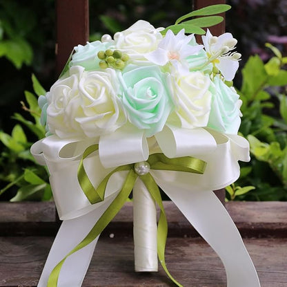Lightweight Bridal Wedding Bouquet Round Holding Bouquet Throw Toss Artificial Rose Flower Bunch for Bride Bridesmaid Wedding Quinceanera (Cream & Light Cyan, 6.7")