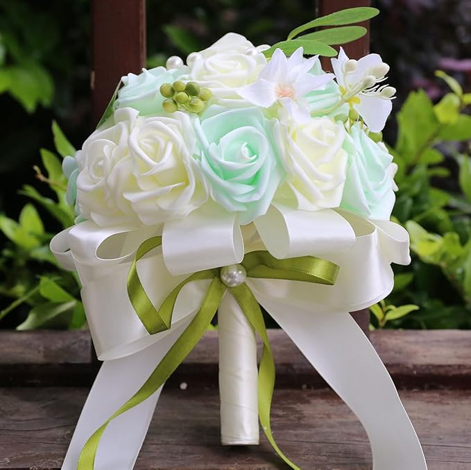 Lightweight Bridal Wedding Bouquet Round Holding Bouquet Throw Toss Artificial Rose Flower Bunch for Bride Bridesmaid Wedding Quinceanera (Cream & Light Cyan, 7.9")