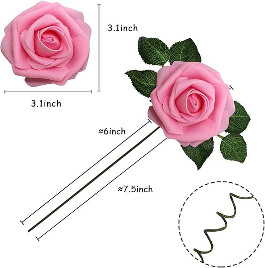 JOYLEX Artificial Flowers Realistic Roses, 25pcs Real Looking Fake Roses with Stem for DIY Wedding Bouquets Centerpieces Bridal Shower Party Home Romantic Decorations (Dark Pink)