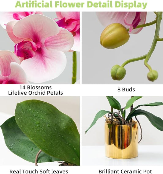 CXGS Artificial Orchid Flowers Light Pink Faux Orchids with Ceramic Vase Vivid Fake Phalaenopsis Flower Arrangement Gorgeous Artificial Plants for Wedding Party Exhibition Center Home Decor