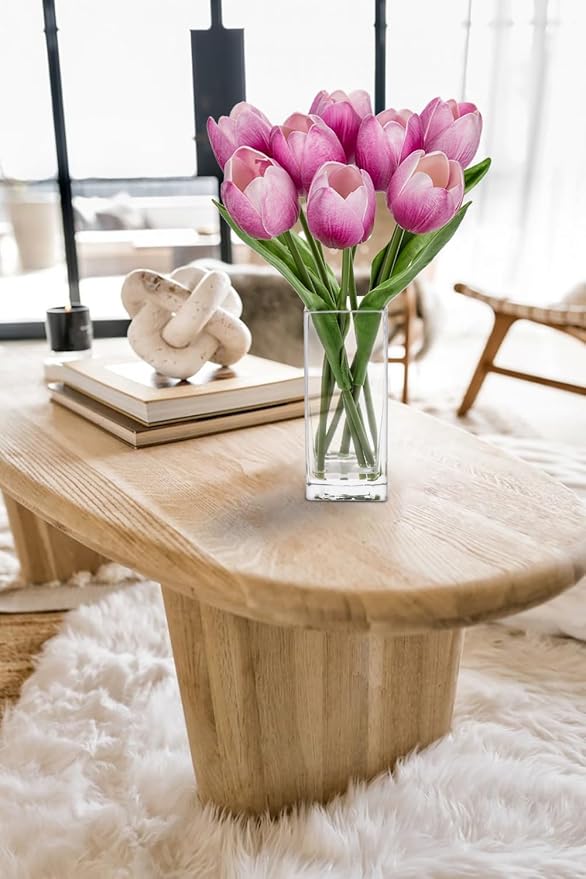 Briful Fake Flowers Artificial Tulip Flower in Clear Vase, Purple Real Touch Foam Tulip Arrangement Suitable for Home Office Decoration, Dining Table Centerpiece