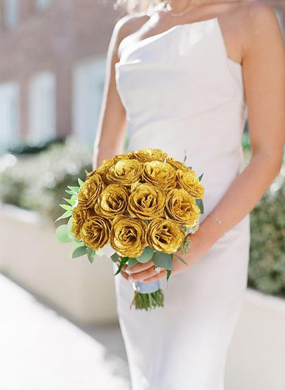 Gold Roses,30PCS Glitter Roses Bouquet Artificial Roses with Stems for Wedding Bouquet Party Christmas Home Decor(Gold)