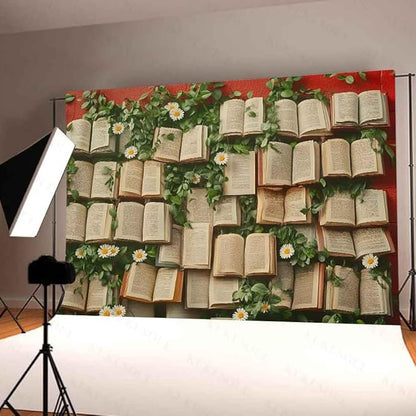 7x5ft Floral Book Backdrop Vintage Bookshelf Backdrop Books Flowers Wall Photography Background Girls Party Decorations Kids Newborn Birthday Baby Shower Photo Studio Props KUBYW006