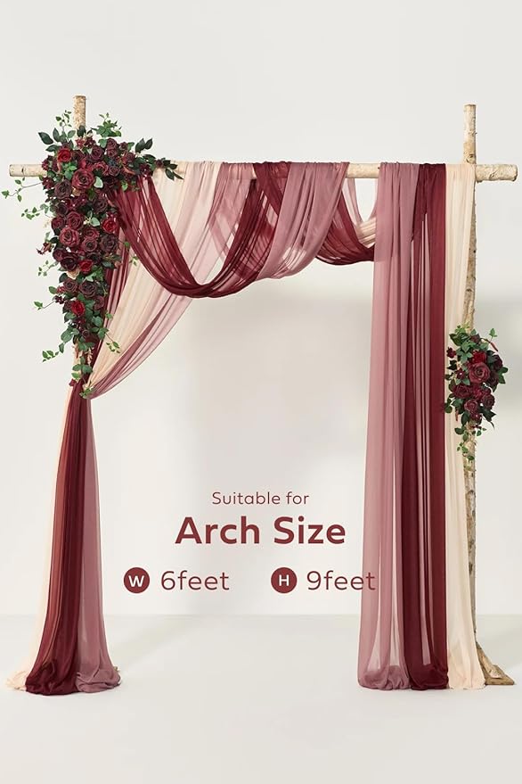 Ling's moment Deluxe Wedding Arch Flowers with Drapes Kit-Pack of 5, 2pcs Flower Arrangements 3pcs Hanging Sheer Drapes Pink Ceremony Arbor Red Backdrop Artificial Rose Floral Decorations