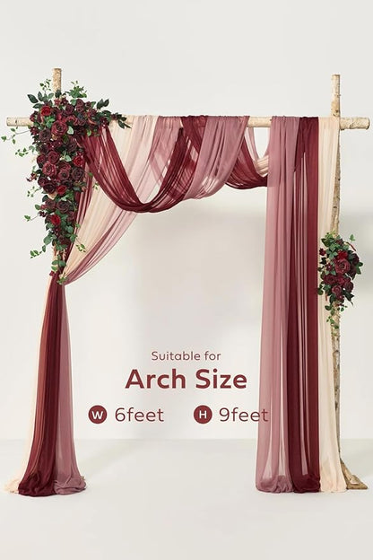 Ling's moment Deluxe Wedding Arch Flowers with Drapes Kit-Pack of 5, 2pcs Flower Arrangements 3pcs Hanging Sheer Drapes Pink Ceremony Arbor Red Backdrop Artificial Rose Floral Decorations