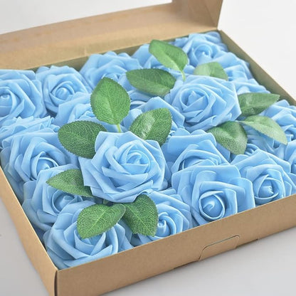 homEdge Artificial Rose, 25pcs Foam Artificial Flowers with Stem for Home Decorations, Wedding Bouquets, Party, Certerpieces, Anniversaries-Aqua Blue