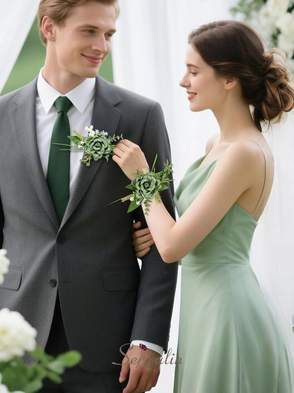 Serwalin Green Corsage and Boutonniere Set 2pcs, 6-7inch Boutonniere and Wrist Corsage Wristband Prom Flower Wedding Flowers Accessories Prom Suit Decorations