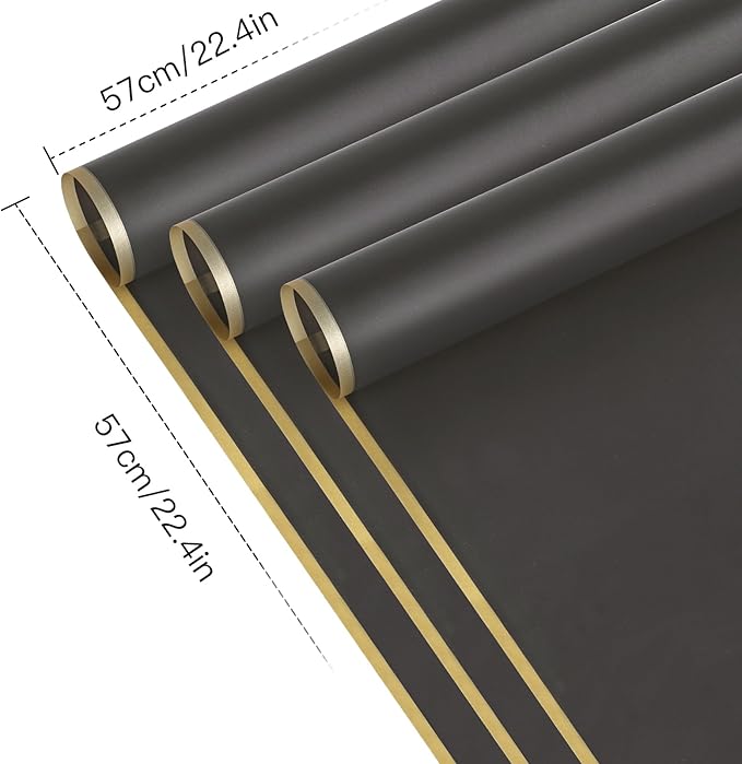 WRAPAHOLIC 20 Sheets Flower Wrapping Paper - 22.4 x 22.4 inch Gold Trim Dark Grey Water-Resistant Floral Bouquet Wrapping Paper, Florist Supplies Packaging Paper for Wedding Birthday Gift DIY