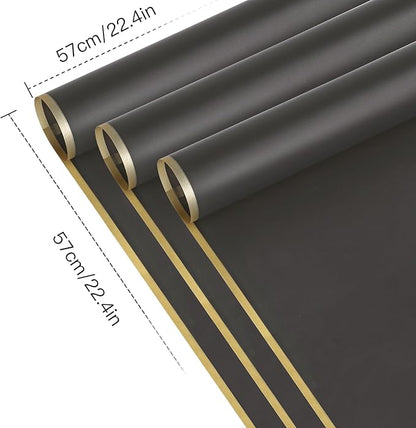WRAPAHOLIC 20 Sheets Flower Wrapping Paper - 22.4 x 22.4 inch Gold Trim Dark Grey Water-Resistant Floral Bouquet Wrapping Paper, Florist Supplies Packaging Paper for Wedding Birthday Gift DIY