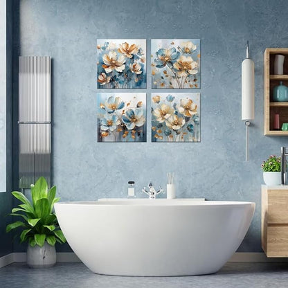 Pankila White Flower Wall Art Floral Pictures Blue and White Canvas Flowers Wall Decor Life Poster for Living Room Bedroom Bathroom Home Decorations Framed Artwork Ready to Hang (20''W x 20''H x 4)