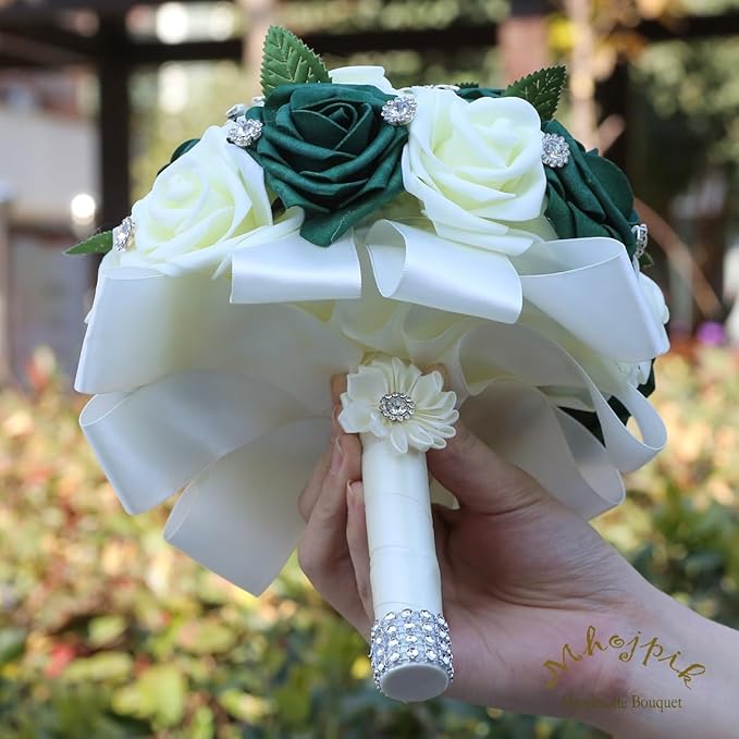 Lightweight Bridal Wedding Bouquet Round Holding Bouquet Throw Toss Artificial Rose Flower Bunch for Bride Bridesmaid Wedding Quinceanera (Cream & Dark Green, 9.1")