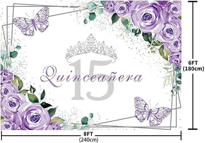 SENDY 8x6ft Quinceañera Backdrop Mis Quince 15 Anos Birthday Party Decoration Supplies for Girl Princess Purple Floral Butterfly Silver Crown Photography Background Banner Photo Booth Studio Props