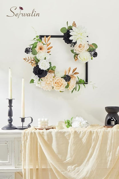 Serwalin Artificial White & Black & Champagne Flowers, Silk Fake Flowers for DIY Wedding Bouquets Cake Flowers, Table Centerpieces Baby Shower Birthday Party Home Decorations