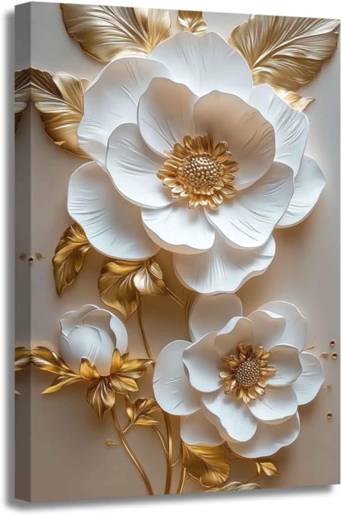 ZSHARTSWD Abstract White & Gold Floral Canvas Wall Art Elegant Flowers Pictures Prints White Flower Golden Leaves Painting Living Room Bathroom Decor Framed (Gold, 20L x 16W)
