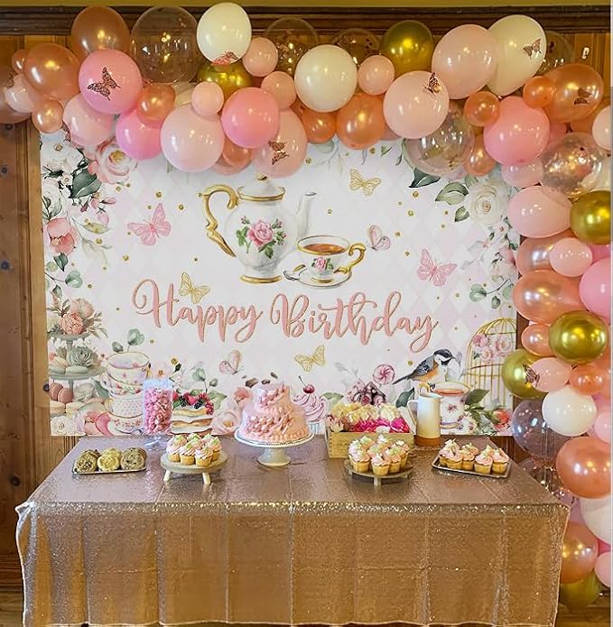 Mocsicka Tea Party Happy Birthday Backdrop Floral Princess Tea Birthday Party Decorations Kids Wonderland Let's Partea Dessert Caketable Banner Photo Booth (8x6ft)