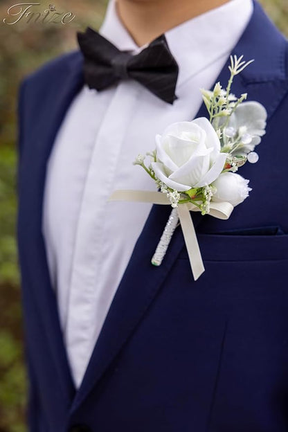 Fnize White Boutonniere for Men, 6 Pcs Groom Groomsmen Boutonnieres, Artificial Flowers for Wedding Prom Homecoming